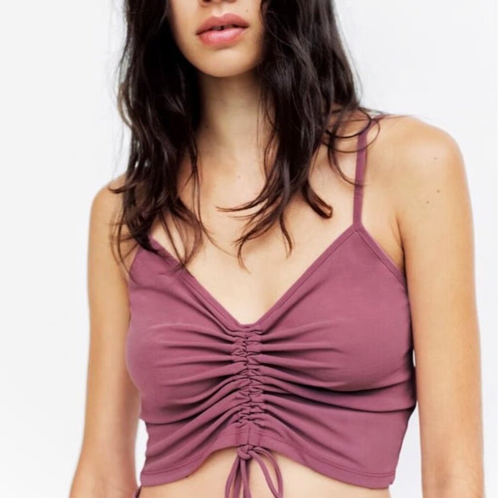 Zara Ruched V Neck Stretch Adjustable Cropped Cami Top Burgundy New S